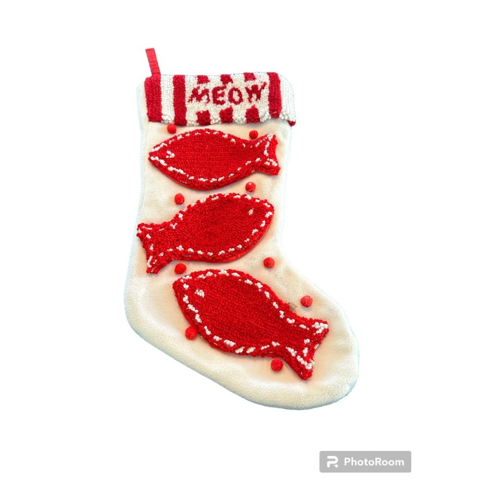 Christmas stocking Meow with 3 fish applique